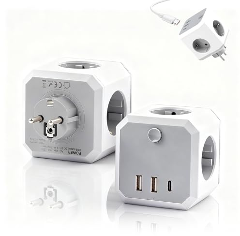 7 in 1 Ciabatta Multipresa con USB, 4 Prese AC, 3 USB (1 USB-C + 2 USB-A), Cavo USB intelligente Schnellladung Scuola, Presa Multipla Spina Piatta Salvaspazio con Interruttori per Casa, Ufficio
