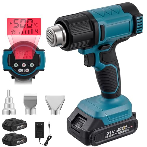 Dibaful Set pistola termica a batteria, 200 ℃ 300 ℃ con 2 batterie da 21 V, display digitale LCD, 3 ugelli, ventola ad aria calda elettrica, riscaldamento rapido per lo sverniciamento, saldatura