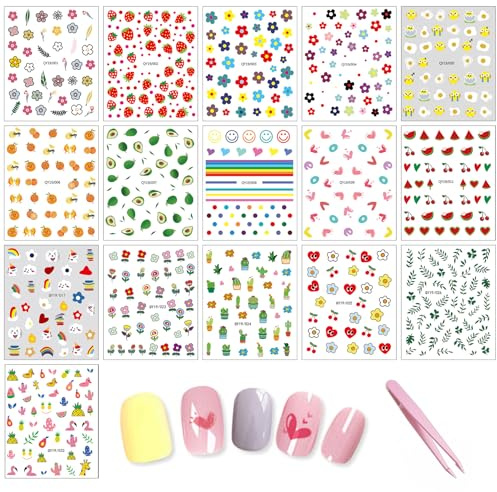 CHarmeFleur 16 feuilles d'autocollants pour ongles avec pince à épiler, décorations 3D pour ongles adhésives pour femmes, enfants et filles, ensemble d'accessoires de man