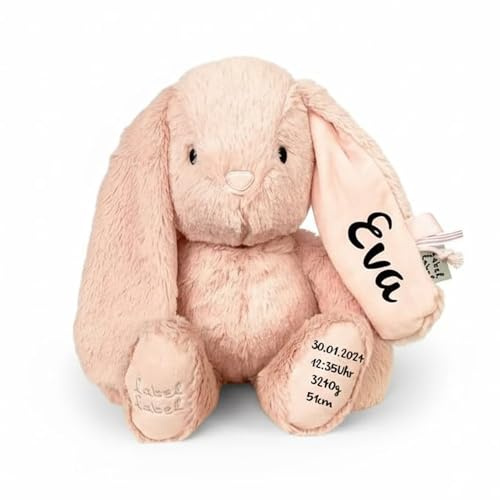 Mainely Personalisiertes Kuscheltier Hase L (Rosa) – weich & waschbar – für Babys & Kleinkinder – mit Namen & Geburtsdaten personalisiert – Label Label