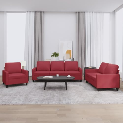 QJBSAVVA 3-TLG Sofagarnitur Weinrot Kunstleder Big Sofa Couch mit 3-Sitzer 2-Sitzer Sessel Modernes Design Robust und Langlebig für Wohnzimmer Büro Jugendzimmer