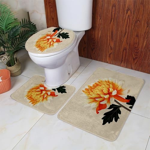 Badezimmerteppich Set 3 Teilig Schwarze Gelbe Blumen WC Teppich Schnell Trocknend Badvorleger rutschfest Badgarnitur 3 Teilig Stand WC Waschbar Bad Teppiche Set Dekoration 50x80 cm
