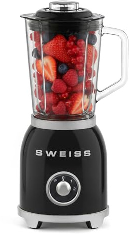 SWEISS Batidora de Vaso Vintage MXV9 – 1000 W, 2 Velocidades y Función Pulse, 6 Cuchillas de Acero Inoxidable, Jarra de Cristal 1,5 L, Base Antideslizante, Sistema de Seguridad, Color Negro