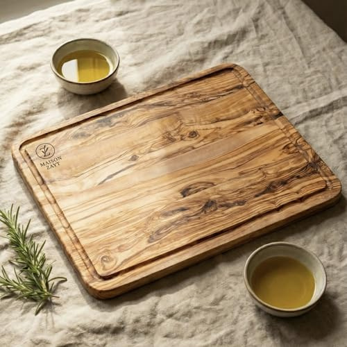 Maison Zayt - Grande Planche à Découper Bois d'Olivier Massif 40x30cm - Rectangulaire avec Rainure à Jus - Planche de Service Artisanale & Solide - Idée Cadeau Cuisine