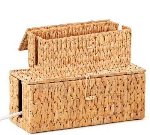 2 stycken kabellåda med lock, bambukabelrännor kabelbox med sidoöppning, handgjord vattenhyacint rotting kabelhanteringslåda, gömma kablar
