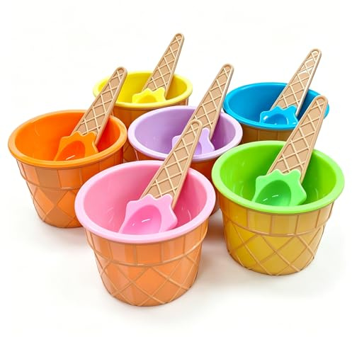 Pinmxaex Set of 6 Ice Cream Bowls with Matching Spoons Reusable Waffle Cup Style Dessert Containers Colorful PP Plastic Sundae Bowls for Parties, BBQs, Picnics, Camping & Fruit Salad
