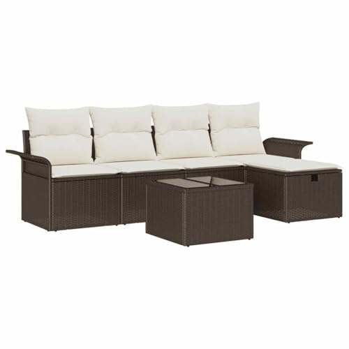 VIHHQGC Gartensofa-Set 5-teilig schwarz Creme Poly-Rattan mit Kissen und Stahlrahmen, modernes Gartensofa mit Kissen als Poly-Rattan Sofa-Set mit höhenverstellbarem Tisch und verstecktem
