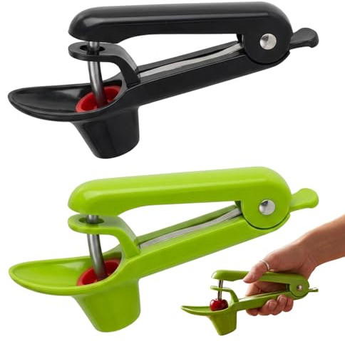 Cherry Stoner Remover UK, 2-Piece Cherry Pitter, Olive Pitter Tool with Stainless Steel Rod, for Olives,Dates,Manual Cherry Pip Removal Device (Black and Green)