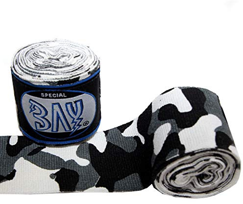 BAY® Camouflage Boxbandagen Box-Bandagen - schwarz weiß grau - Hand Wraps elastisch Elastik 250 cm 2,5 m Handbandagen Faustbandagen Kickboxen Boxen MMA Muay Thai Thaiboxen Camou, Camo