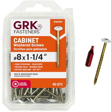 GRK Fasteners #8 x 1-1/4 Inch White Low-Profile Cabinet Screws, 80 PCS, Indoor/Outoor Climatek® Coating, Washer Head, W-Cut™ Fast Drive Threads, Star Drive Recess, T-15 Bit Included, White