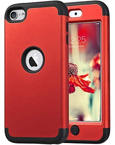 ULAK Coque iPod Touch 7, Étui Housse 3 en 1 Hybride Antichoc en Silicone Souple + PC Dur Protection Coque pour Apple iPod Touch 5/6/7ème Génération (2019), Rouge + Noir