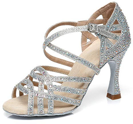 MINITOO Damen Tanzen Schuhe Tanzschuhe Latein Salsa Glitzer Sandalen L357 Silber EU 38
