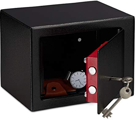 3 x Möbeltresor mit Schlüssel, Doppelbartschloss, Befestigung Wand oder Boden, Minisafe, HxBxT: 17 x 23 x 17, schwarz