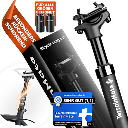 TerrainMate Sattelstütze Gefedert für E-Bike, Trekking, MTB, Citybike Federsattelstütze [27,2 / 30,9 / 31,6mmØ] Gefederte Sattelstütze mit 2 Distanzhülsen SoftRide 55-125kg -Ab jetzt Schmerzfrei