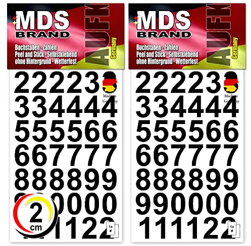 MDS Brand 2cm Zahlen Aufkleber Schwarz | Selbstklebende Klebezahlen | Vinyl Klebeziffer zum Aufkleben für Briefkasten, Büro Ordner, Hausnummer für Außen & Innen Peel (2cm, Schwarz)