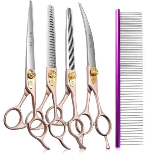 Fenice Peak 7.5'' Professional Dog Grooming Scissors Set Rose Gold 440C Stainless Steel Straight Thinning Curved Chunker Shears 4pcs Set for Pet Grooming Services Dogs and Cats