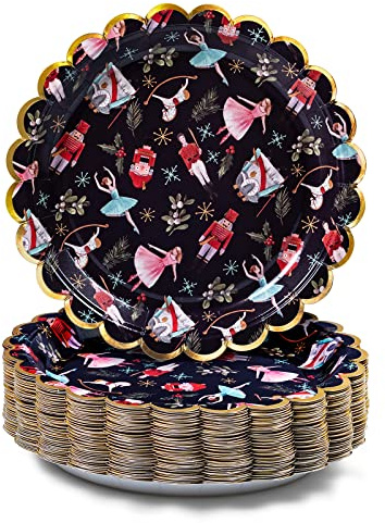 Confettiville Christmas Paper Plates, 50-Count Disposable Christmas Party Supplies, The Nutcracker, Gold Foil Scalloped Edge, 22.86 Centimetres