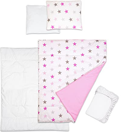 Baby Comfort 5 Piece Toddler Bedding Duvet Pillow with Covers & Jersey Sheet fits 95x65cm Travel Cot 12M+ (Pink Stars)