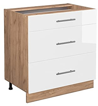 Vicco Küchenunterschrank Fame-Line, Weiß Hochglanz, 80 cm | MDF-Front · Ohne Arbeitsplatte · Höhenverstellbare Füße · Metallgriffe · Metall-Vollauszüge
