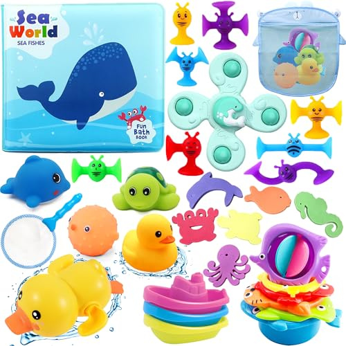 Chennyfun Dolphin Baby Bath Toy Set, 32PCS Floating Ocean Animal Themed | Bath Squirt Toy,With Baby Bath Book,Suction Spinners,Fishing Net Education Teaching and Learning Toys for Toddlers and Kidsn