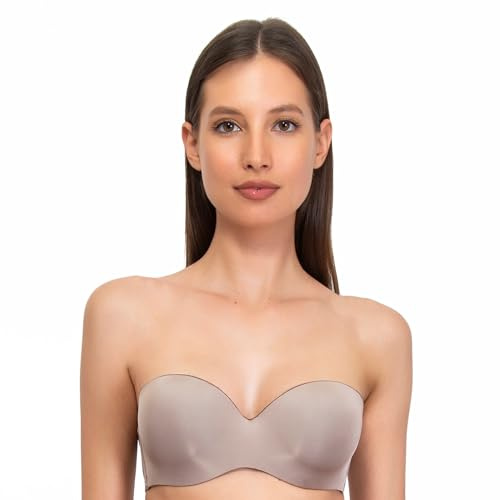 SÌèLEI, Bandeau con Copas graduadas, confeccionado en Microfibra Suave, con Acabado Invisible, Aros Invisibles, Tirantes extraíbles, Diseñado en Italia, Color Piedra, Talla 4C