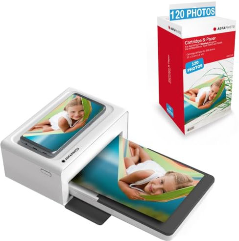 AgfaPhoto Realipix Moments Drucker-Paket + Patronen und Papiere für 120 zusätzliche Fotos – Bluetooth-Fotodruck 10 x 15 cm Smartphone Apple und Android, 4 Pass Sublimation Thermal – Weiß