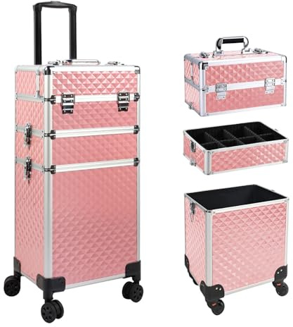 EBANKU Makeup Train Case 3 i 1, bärbar professionell kosmetisk resväska för nagellack, hårprodukter, rullande smink, reseorganisatör, med 360° svängbara hjul, rosa