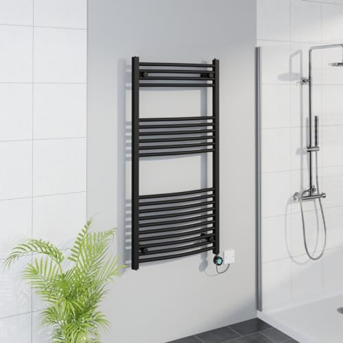 Warmehaus Smart WiFi Thermostatic Electric Bathroom Curved Heated Towel Rail Warmer Radiator with Timer 1200x600mm - Black