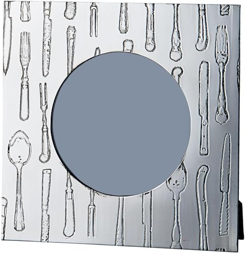 I LUV LTD Klein Einzel Zinn Bilderrahmen Geprägtes Messer Gabel Löffel Muster 4 x 4 inch Abgerundete Ecken Rundes Bild Hell Poliert Beenden Rückseite mit Glas- und Filzbezug Möglich für Gravur