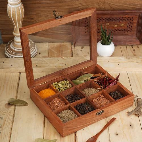 Ajuny Boîte à épices en bois avec 12 compartiments - Boîte de Rangement pour Vos Condiments, Sachets de Thé, Dosettes de café avec Couvercle en Verre Décorer Idéale pour Toute Décoration Créative