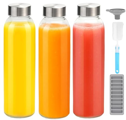 Zukro Glass Water Bottles with Lids 18 oz, 3 Pack Reusable Juice Bottles With Stainless Steel Airtight Cap for Juicing, Leak Proof Clear Drinking Jar Beverage storage container for Fridge, BPA Free