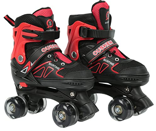 XUANYU Rollers Quad pour Enfant sans Roues Lumineuse Patins à roulettes Rouge-Noir Taille M (Réglable 32 à 37) Confortables et Respirants Roller Skates pour Filles et Garçon Adolescent Débutant