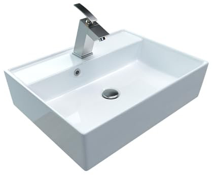 Waschbecken Aufsatzwaschbecken aus Keramik eckig weiß CL 50x38cm Waschplatz mit Armaturenloch und Überlauf