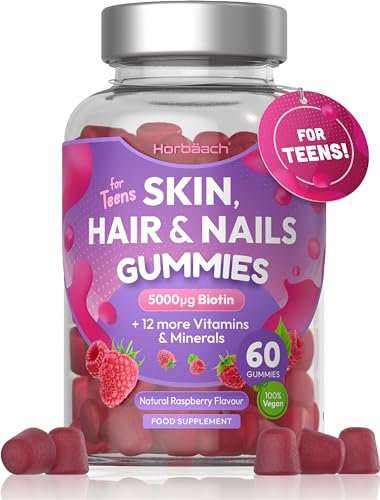 Hair Skin Nail Gummies for Teens | 60 Count | Raspberry Flavour | 5000ug of Biotin for Hair Growth | with Folic Acid, Inositol, Choline & More | Suitable for Vegans | by Horbaach