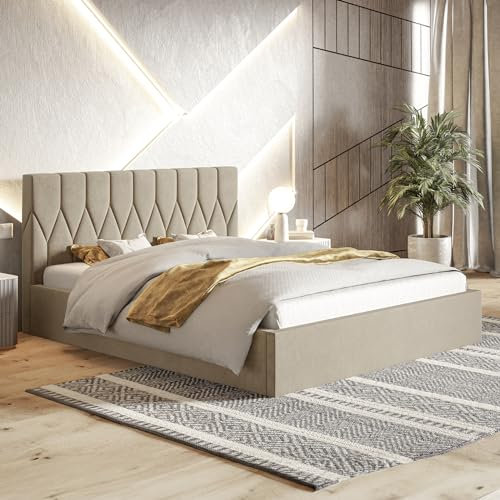 MOTIVENA Monako Polsterbett 180x200 Beige, Polsterbett 180x200 Samt, Polsterbett 180x200 mit Bettkasten, Polsterbett 180x200 mit Stauraum, mit Lattenrost, mit Kopfteil, ohne Matratze, Beige