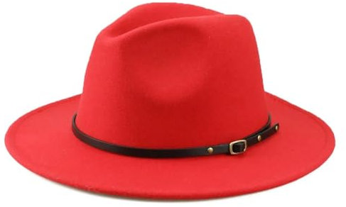 WOYUANSHA Cowboyhüte Filzhut Für Herren Und Damen Flacher Krempenhut Jazz-Cap Fedora-Hut Mit Gürtelschnalle M Rot
