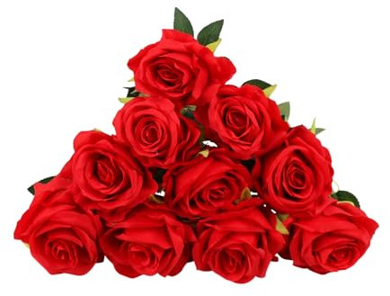 Beksodi 10 Stück künstliche Rosenblumen, gefälschte Rosen mit langem Stiel, realistische rote Seidenrosen, Kunstrosen für Valentinstag, Partys und Hochzeitsdekoration (rot)
