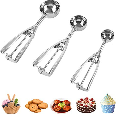 OT-NVWOZR Eisportionierer-Set, 3 Stück Keksschaufeln mit Auslöser, klein/mittel/groß Edelstahl Melonenball Keksteigschaufel zum Backen von Lebensmitteln, Obst, Fleischbällchen, Muffin