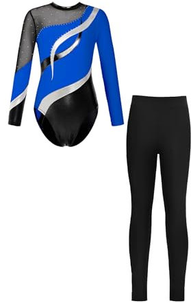 Sxiwei Gymnastikanzug Mädchen Langarm Glänzend Ballettanzug Tanz Trikot mit Gymnastikhose Leggings Sport Tanzoutfit Königsblau & Schwarz 134-140