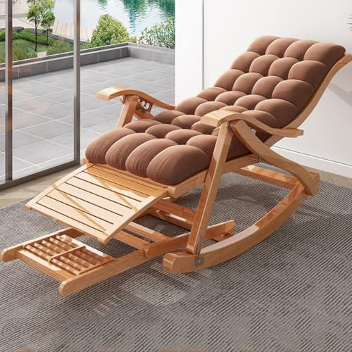 Gepolsterter klappbarer Schaukelstuhl mit Fußmassageplatte, Bambus, Gartenliege, Terrasse, Freizeitstuhl, gemütlicher Sesselgleiter (braun)