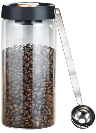 Yitexin Vacuum Coffee Canister with Airtight Lids and Spoon, 1800 ml/ 60 oz Glass Coffee Bean Storage, Coffee Jar for Ground Coffee Loose Tea Candy Sugar Nuts Spices Camping (Black)