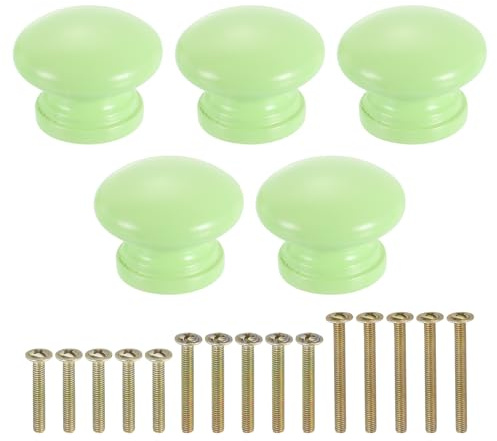 sourcing map 5Pcs Round Wood Drawer Knob, 1 1/4 Round Cabinet Knobs Mushroom Shape Paint Surface Wooden Knobs with Screws for Furniture Drawer Dresser Wardrobe Cupboard, Light Green