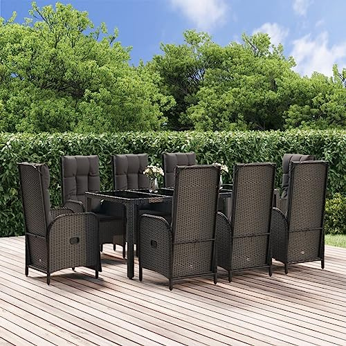 IKAYAA Gartenmöbel Set mit 8 Stühle Verstellbar Garten Essgruppe 8 Personen Rattan Gartenmöbel Essgruppe Gartengarnitur Sitzgarnitur mit Kissen-Schwarz-9-tlg