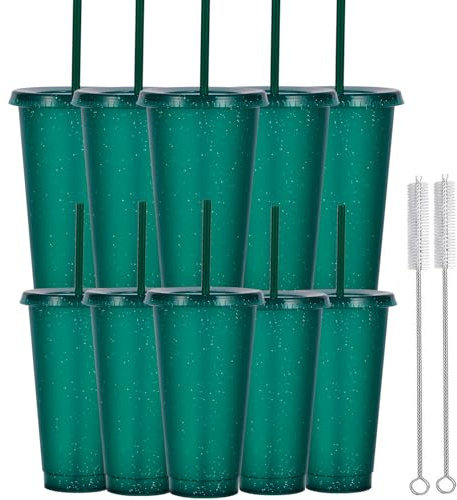 Yisituo 710ml Reusable Plastic Cups, 10 Pack Cold Cups with Lid and Straw, Tumblers Travel Mugs for Adults and Madam Party and Beach, Pool Gatherings (10, Glitter Dark Green)