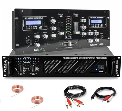 Ibiza – Pack Sono DJ Ampli Ibiza Sound AMP1000-MKII 1600W – Mesa Mezcladora Bluetooth DJM250BT-MKII RCA XLR – Cables RCA Jack para altavoces incluidos
