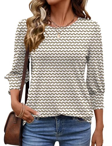 IECCP Bluse Damen 3/4 Ärm Langerm Runder Ausschnitt Tunika Sommer Tops Sommerbluse Shirt Elegant Lässig Oberteil 2025 (Streifen,L)