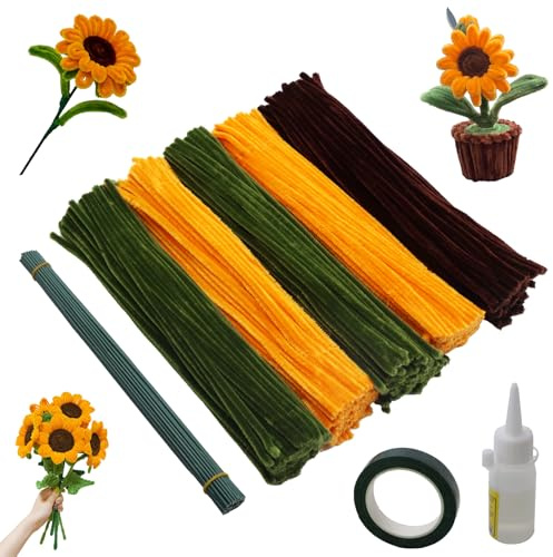 ZHLIMY 500 Stück Pfeifenreiniger Blumen, Pfeifenputzer zum Basteln, Sonnenblumen Pfeifenputzer Blumen, Pfeifenreiniger Set mit 50 Stück Grün Basteldraht, Chenilledraht (Grün, Gelb, Braun)