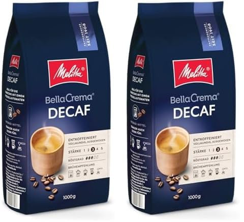 Melitta BellaCrema Decaffeinato Café en grain décaféiné 1kg, non moulu, café en grain pour machines à café, sans caféine, torréfaction moyenne, torréfié en Allemagne, intensité 3 (Lot de 2)