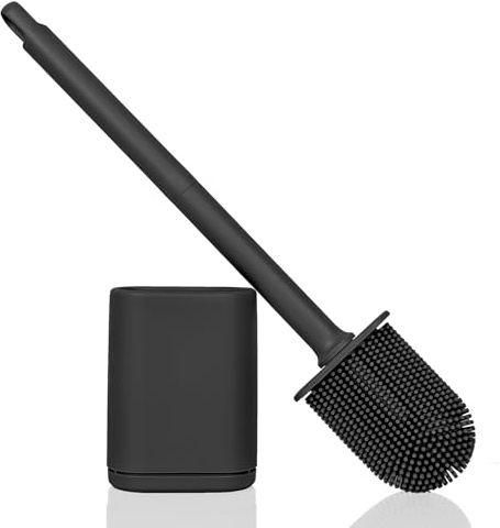 Cozary Scopino Bagno WC, Scopino WC Silicone Con Bristles Dense In TPR, Con Base Di Scarico,Per I Servizi Igienici Del Bagno, Installazione Senza Fori Per Una Facile Pulizia (Nero, 1 Pezzi)