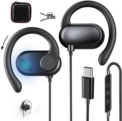 Écouteurs intra-auriculaires ouverts réglables avec microphone et contrôle du volume USB C avec câble pour Samsung Galaxy S25 S24 S23 A56 A16 iPhone 17 Air 16 Pro 15 pixels 9 Casques pour bureau